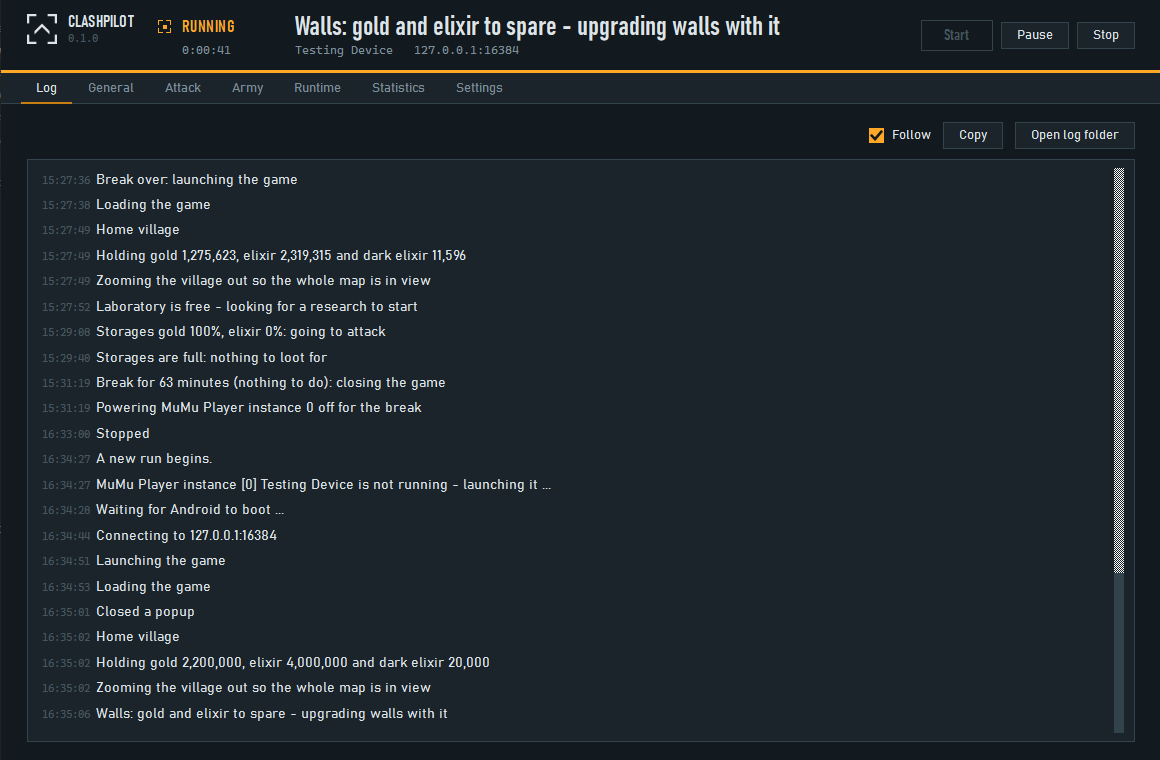 The ClashPilot window while it is running